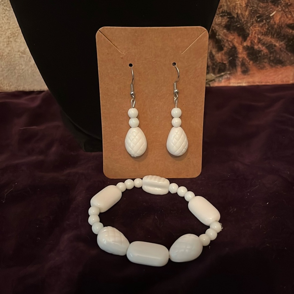 Handmade Up cycled Crystal Bracelet Earring Set Vintage Milk Glass
